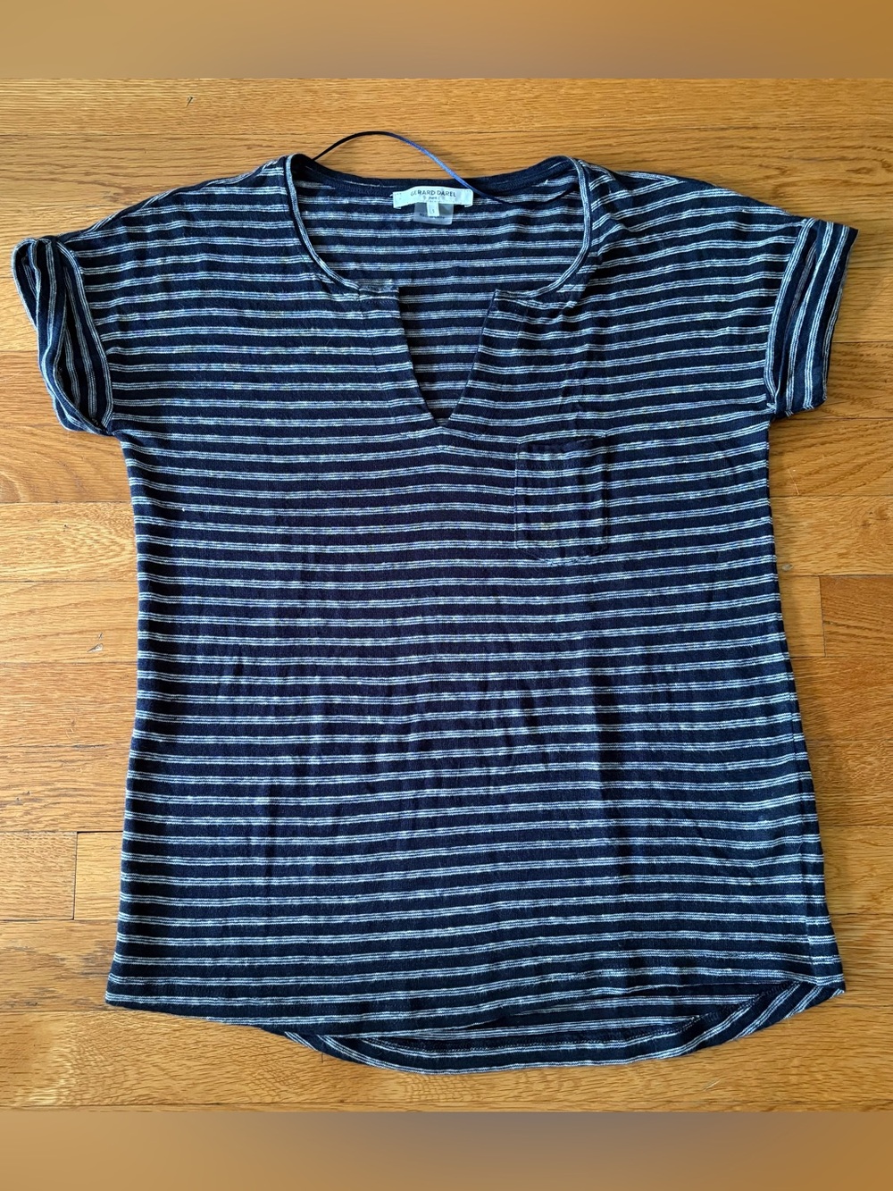 Gerard Darel Black and Light Gray Striped Tee- 100% Linen. EUG